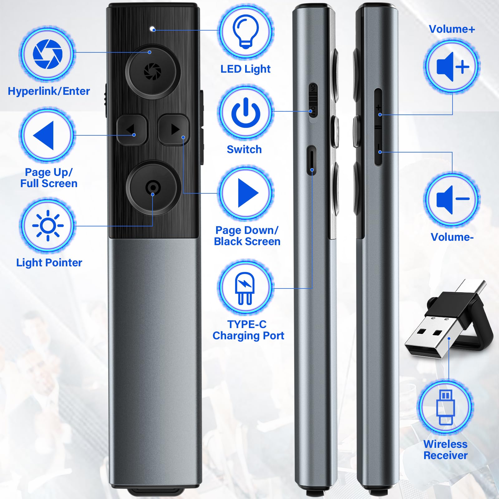 2 In 1 Usb Type C Presentation Clicker Wireless Presenter Remote Clicker, Rechargeable Clicker For Powerpoint Presentations, Goo